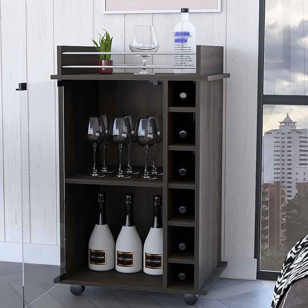 Sleek Bar Cart with Glass Door, Six Wine Cubbies, Locking Casters, Top Shelf - Carbon Espresso