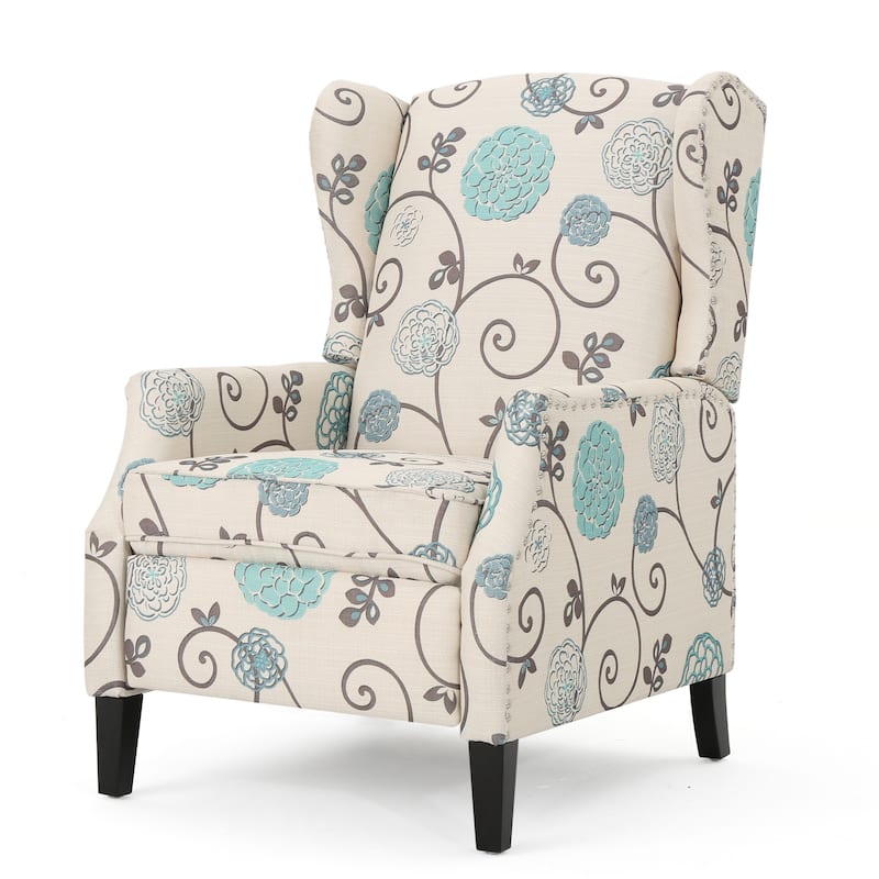 Pushback Recliner Chair, Modern Fabric Wingback Armchair with Nailhead Trim and Wood Legs, Classic Living Room Chair