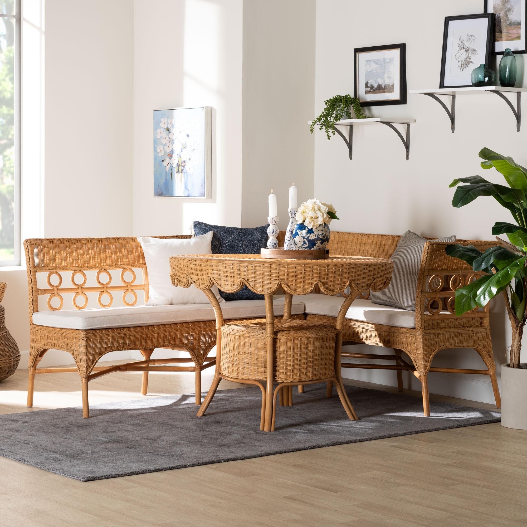 Matilde Bohemian Light Honey Rattan 3-Piece Dining Nook Set Bed