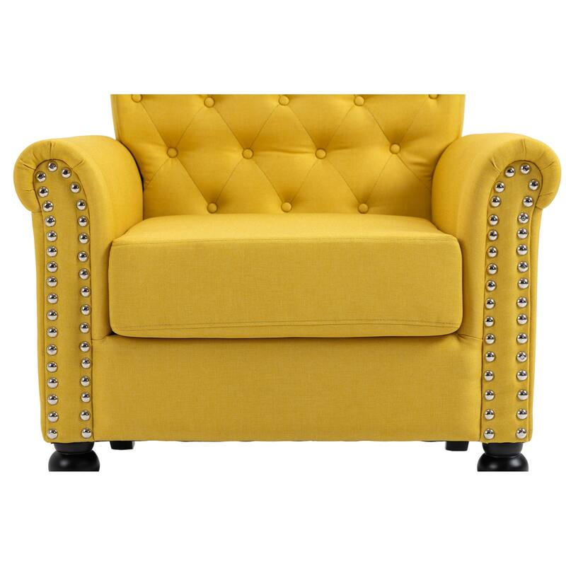 Linen Armchair w/Tufted Back/Wood Legs