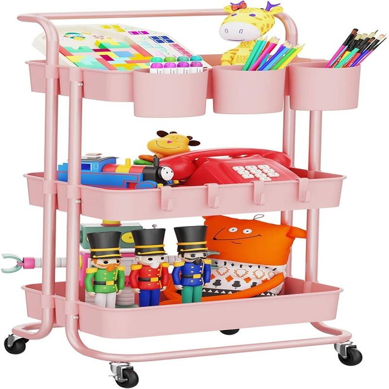 3Tier Rolling Mobile Utility Cart with Hanging Cups - 13"D x 16.5"W x 33"H - Pink