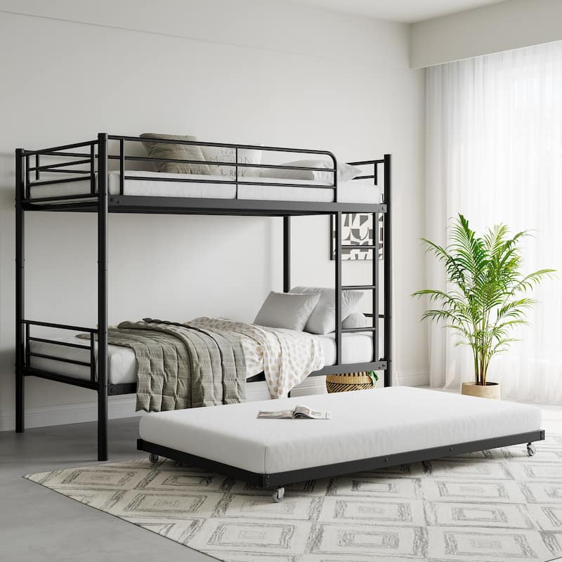 Space-Saving Twin Metal Bunk Bed with Trundle, Ladder, and Full-Length Guardrail, No Box Spring Needed