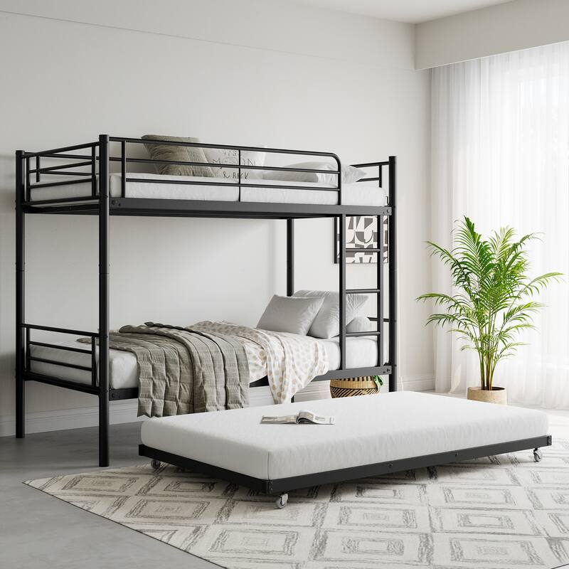 Twin Over Twin Metal Bunk Bed with Trundle and Guardrails, Space-Saving Frame