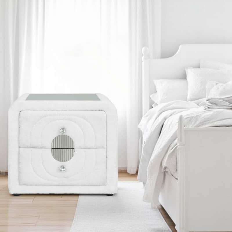 Charming Wooden Nightstand with Plush Teddy Sherpa and Chrome Accents for Stylish Bedrooms - White - 2-drawer