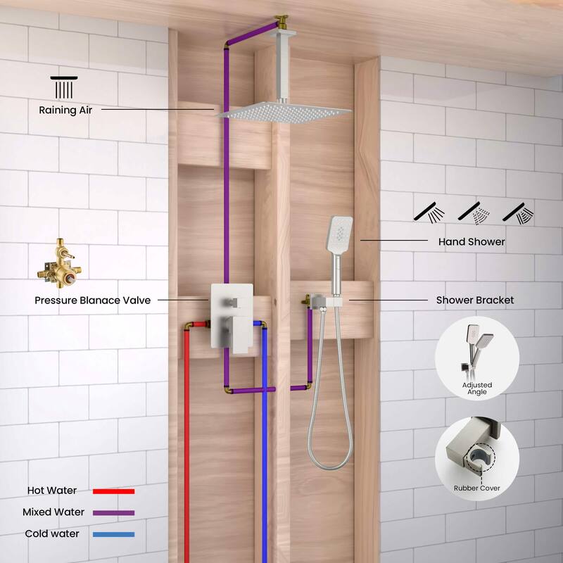 Pressure Balanced Ceiling Mounted 3-Function Shower System with Rough In Valve