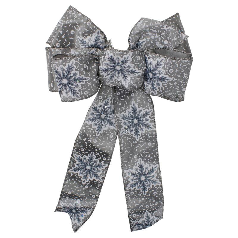 14" x 9" Snowflake 6 Loop Christmas Bow Decoration - 14" x 9" - Gray and White