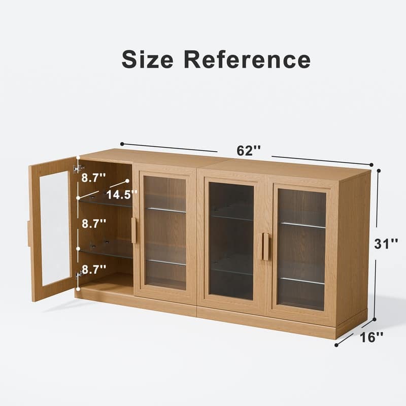 Large Sideboard Buffet Cabinet with 4 Glass Doors 2 Adjustable Shelves for Kitchen Living/Dinning Room Bedroom Entryway