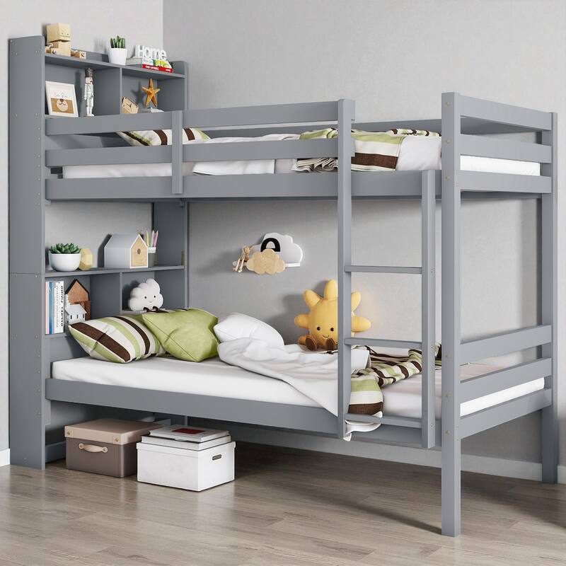 Twin Over Twin Bunk Bed with Shelves Headboard, Solid Rubber Wood Frame with Guardrails, Ladder, and Convertible Design