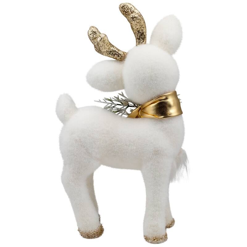 Glittered Standing Deer with Jingle Bell Christmas Figure - 12.25" - White and Gold