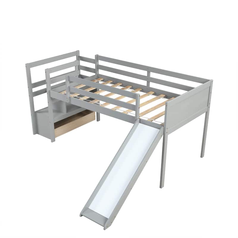 Gray Twin Size Wood Low Loft Bed with Storage Stairs / Slide / Drawer