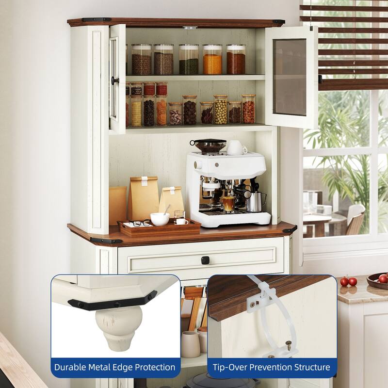 Moasis 67 Inch Farmhouse Kitchen Pantry Cabinet with Microwave Stand Charging Station and Ample Storage
