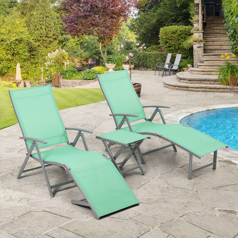 VredHom Outdoor Portable Folding Chaise Lounge Chair with Table (Set of 3) - 70" L x 20" W x 14" H