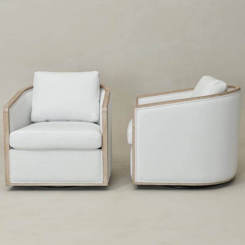 KINWELL 31"W Oak Frame Upholstered Swivel Barrel Armchair