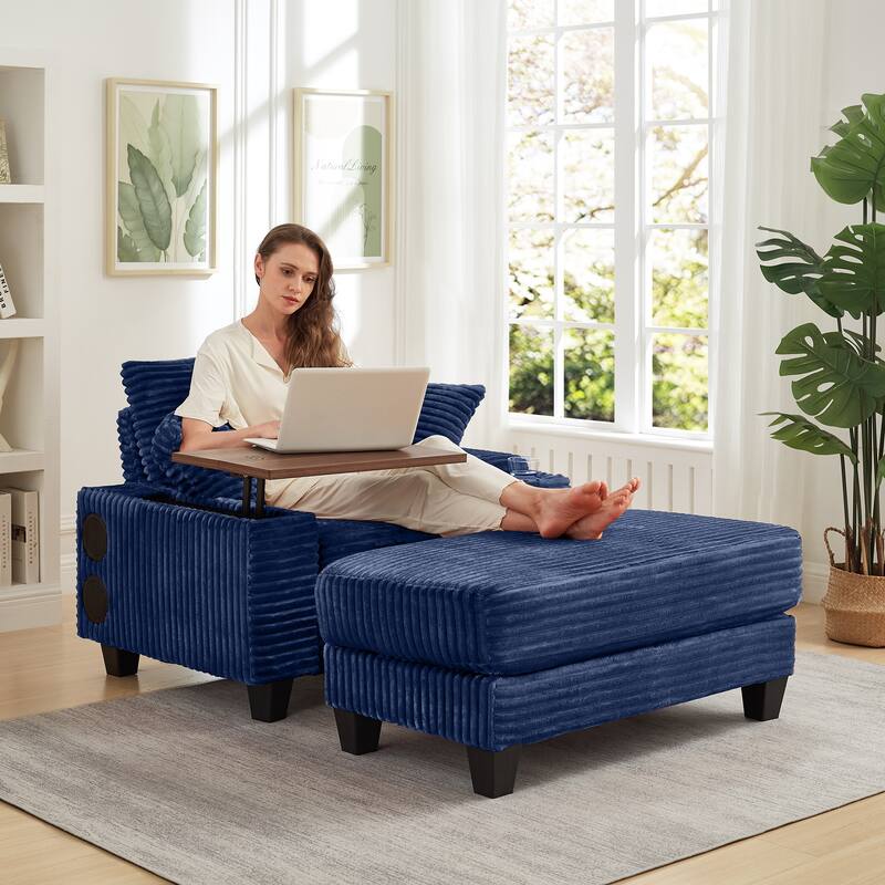 Versatile Chaise Lounge Single Sofa Chair with Ottoman, Swivel Table, Storage Armrest, Cup Holder, Bluetooth Speaker and USB