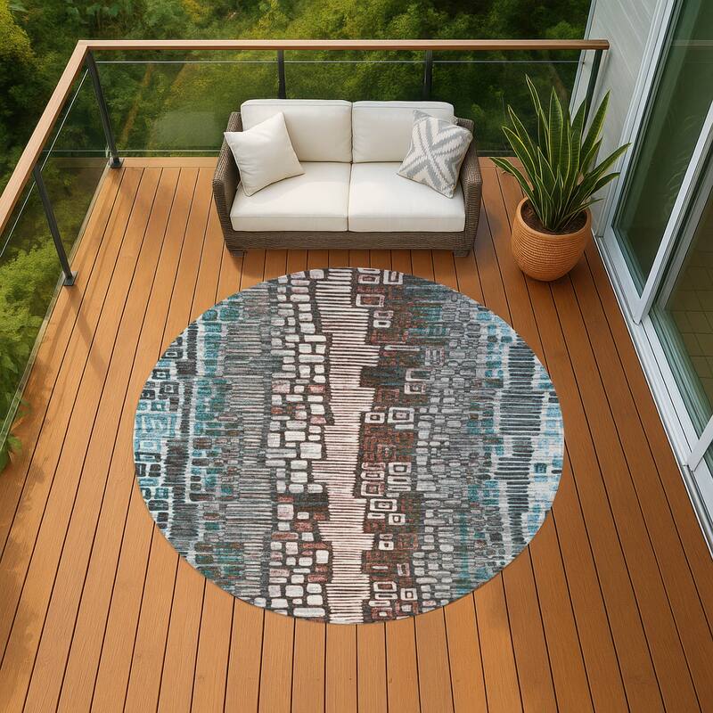 Machine Washable Indoor/ Outdoor Geo Mosaic Chantille Rug - Teal - 8' x 8'