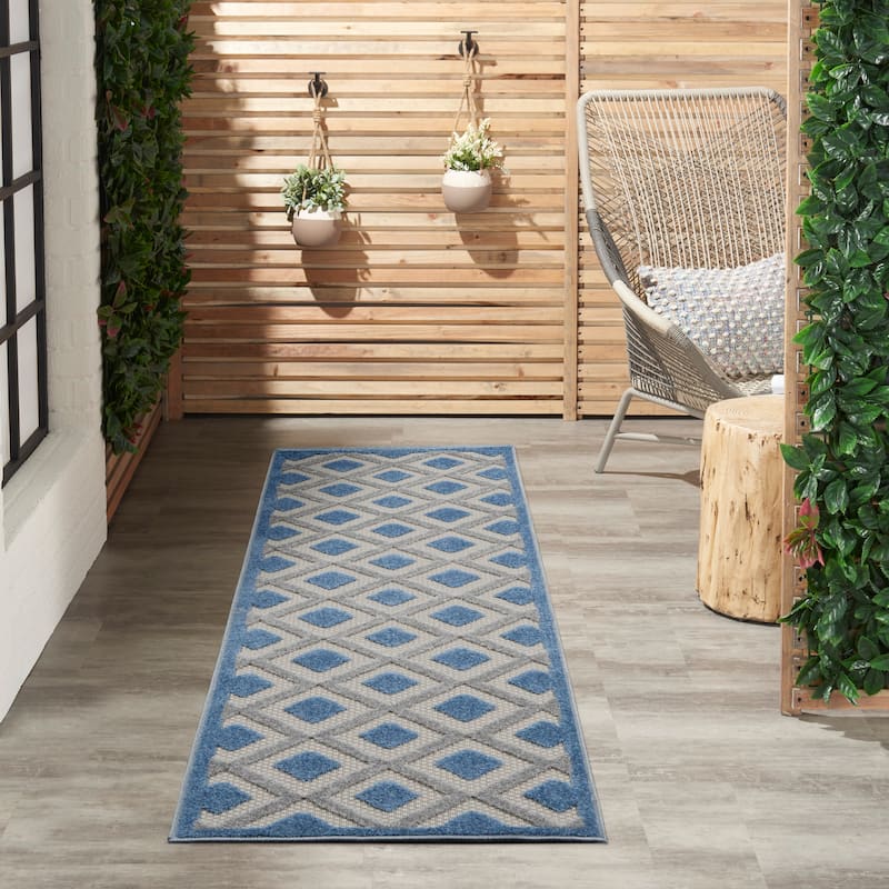 Nourison Aloha Indoor/Outdoor Modern Geometric Diamond Area Rug - 2'3" x 10' Runner - Blue/Grey