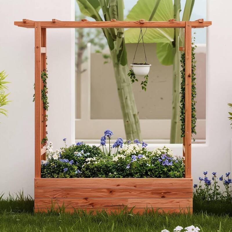 Freestanding Garden Bed Raised Wooden Planter Box with Trellis