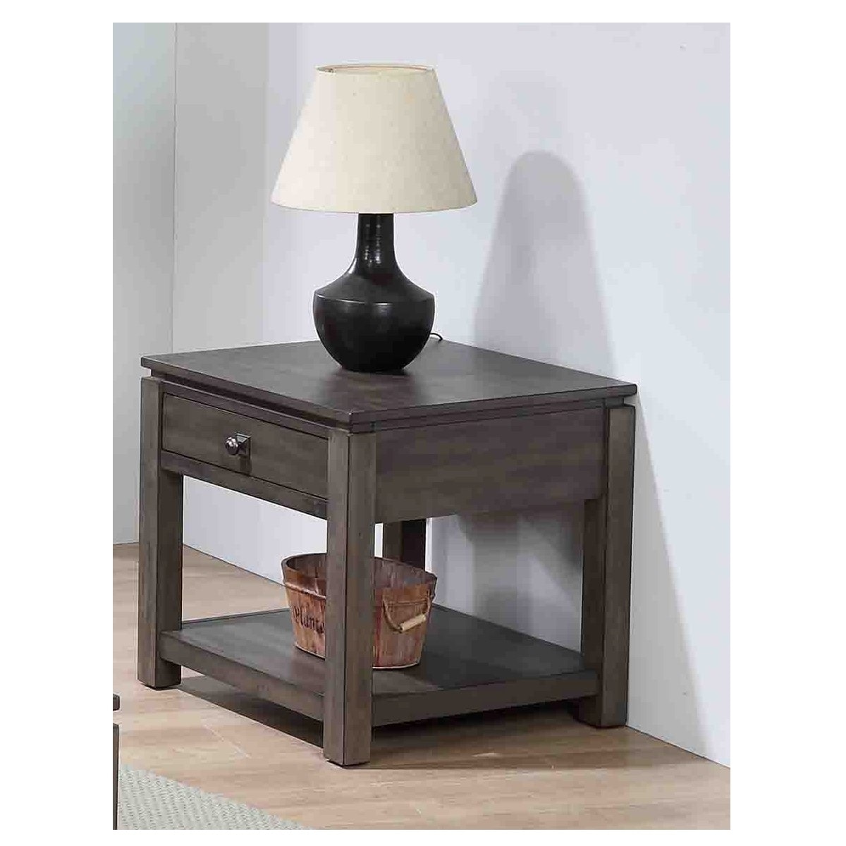 24.5" Gray Square Wooden End Table With Drawer And Shelf