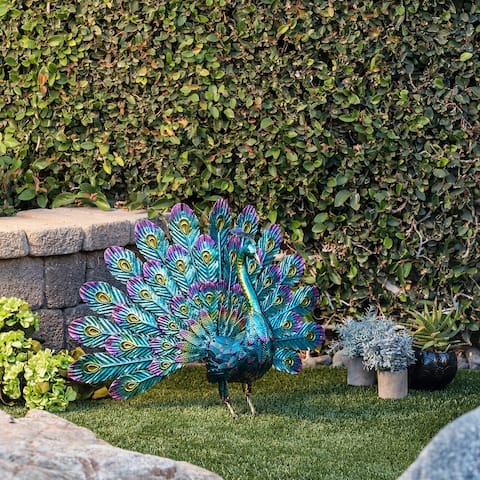 Alpine Corporation 23" Tall Outdoor Metallic Peacock Tail Spread Yard Statue Decoration, Multicolor