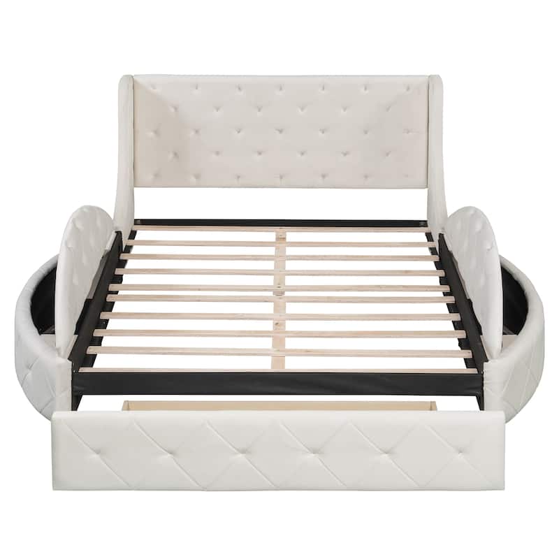 Low Profile Bed Queen Size Velvet Upholstered Platform Bed with Wingback Headboard, Big Drawer and 2 Semicircle Side Stools