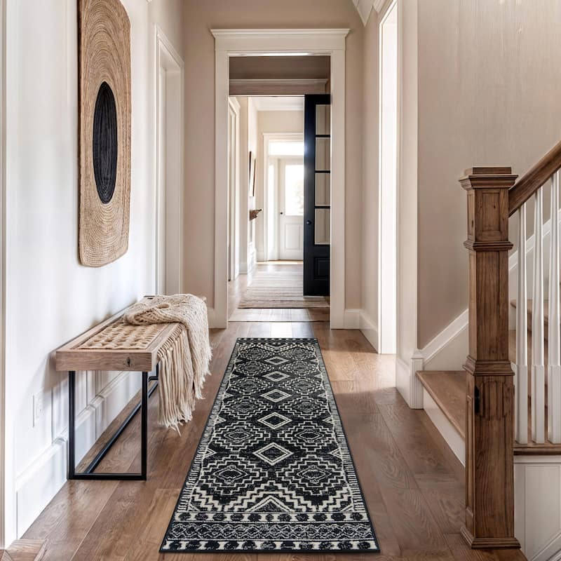 Contemporary Distressed Geometric Area Rug - Black - 2' 3" x 12'