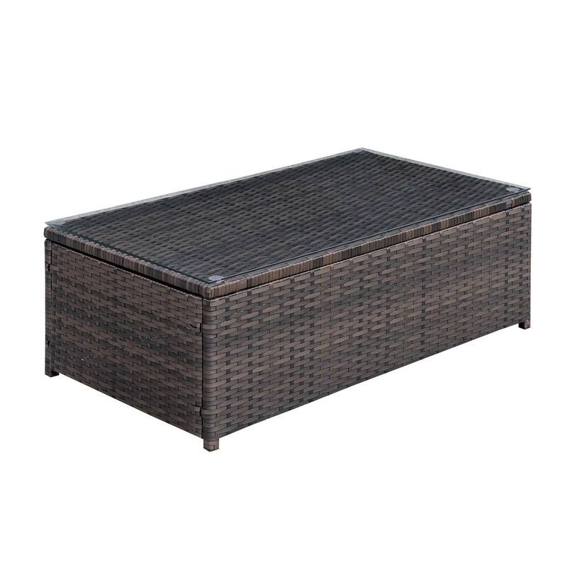 Rectangular Faux Rattan and Aluminum Coffee Table with Glass Top, Brown