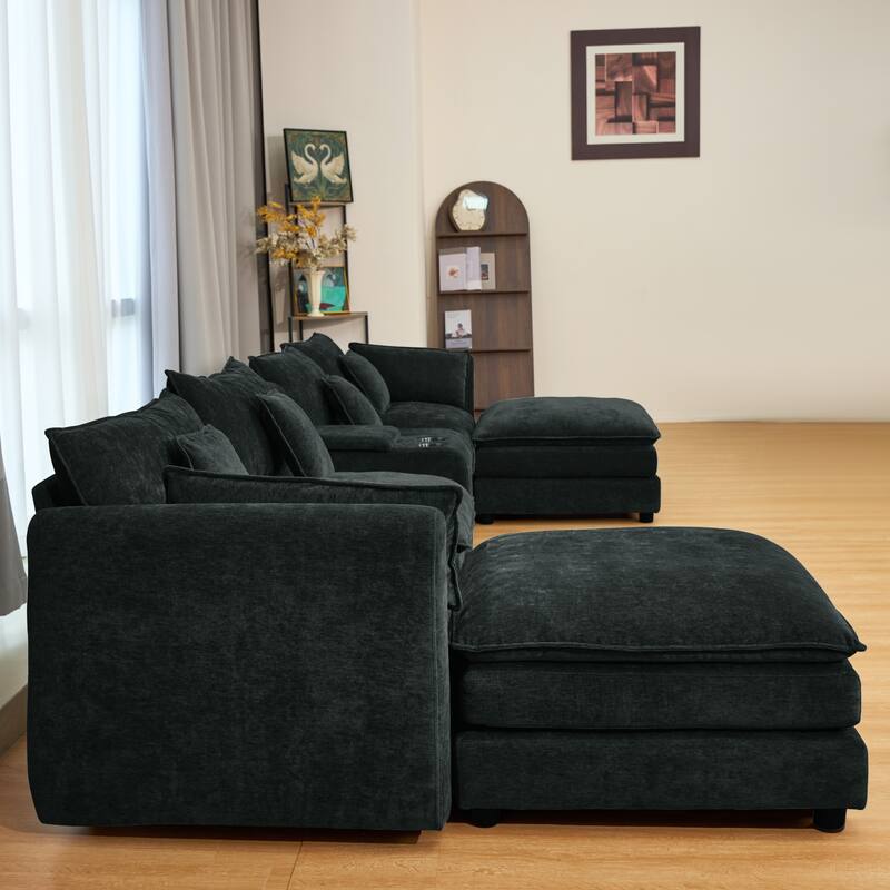 Modular U-shaped Sectional Sofa with Chaise, Chenille Upholstered Couch, Armrest Console with Cup Holders and Hidden Storage
