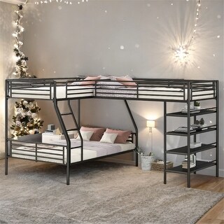 L-Shaped Metal Twin Over Full Bunk Bed with Twin Size Loft Bed and Four Built-in Shelves in Black