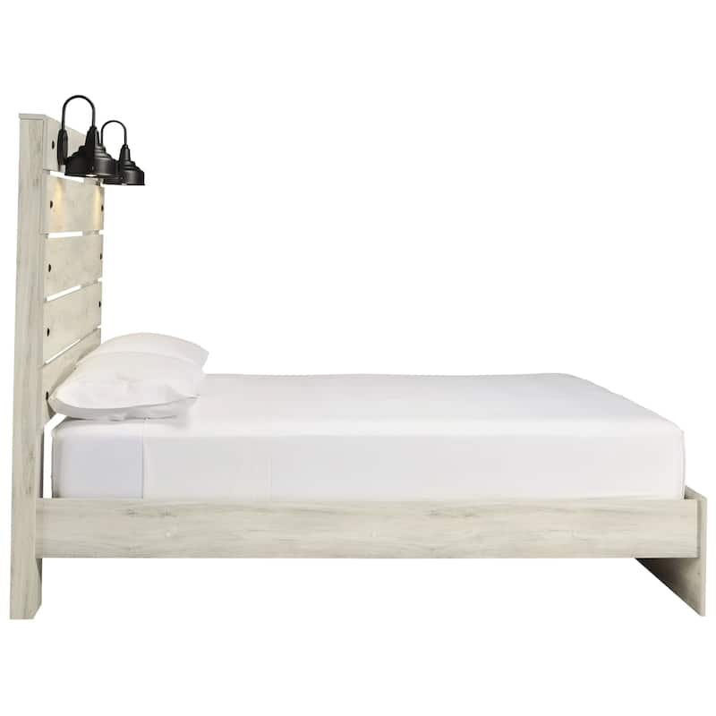Cemy Queen Size Bed, Open Slat Headboard w 2 Sconce Lights, Whitewash