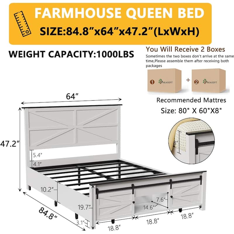 Queen Bed Frame, Farmhouse Wood Bed Frame Queen Size with Sliding Barn Door and Storage On