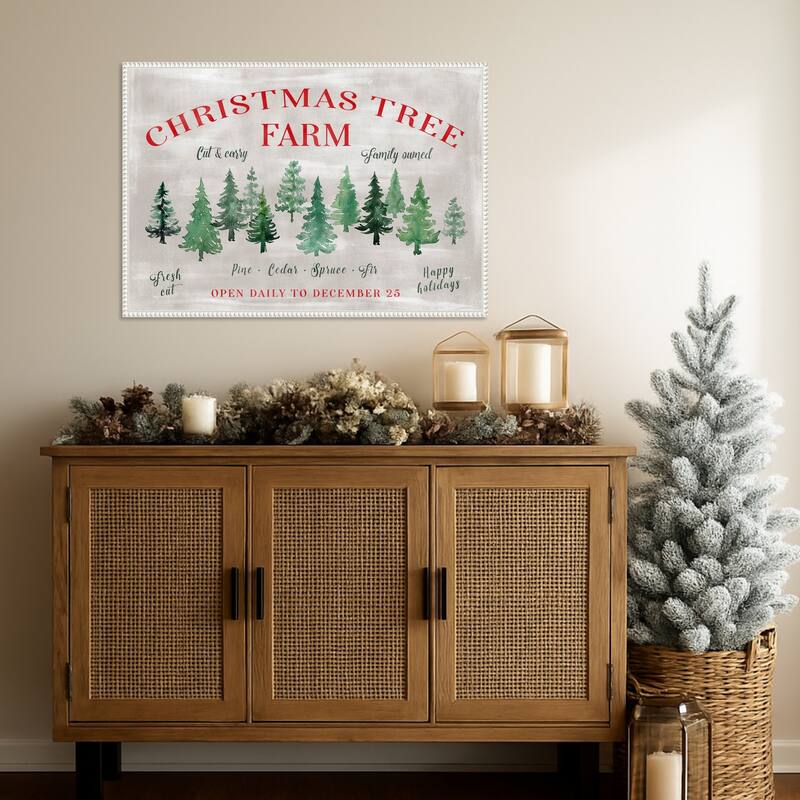 Christmas Tree Farm Sign by Rosana Laiz Blursbyai Framed Canvas Wall Art Print - Sylvie Beaded White