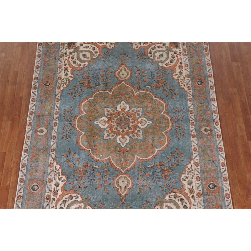 Over-Dyed Blue Tabriz Vintage Area Rug Handmade Wool Carpet - 6'5" x 9'5"