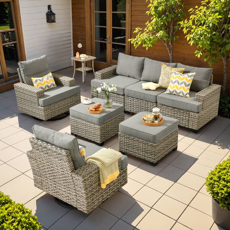 OVIOS 8-Piece T Shaped Seat Swivel Chair Patio Conversation Set - Deep Gray