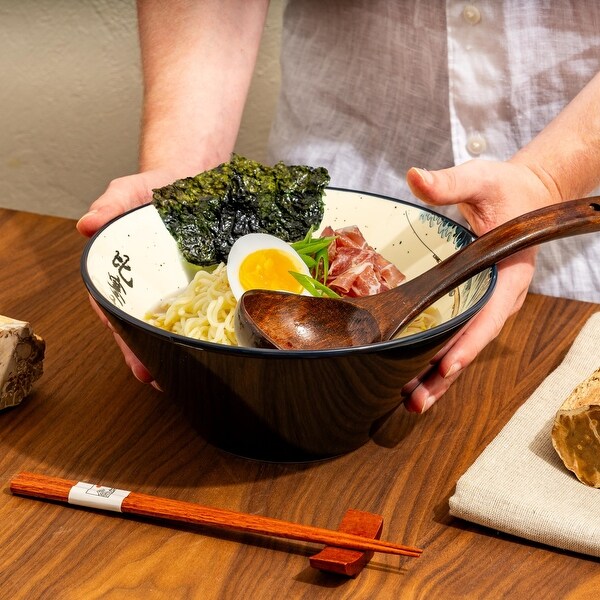 Japanese Ramen Bowl Set with Great Wave Design 60oz Large Ceramic