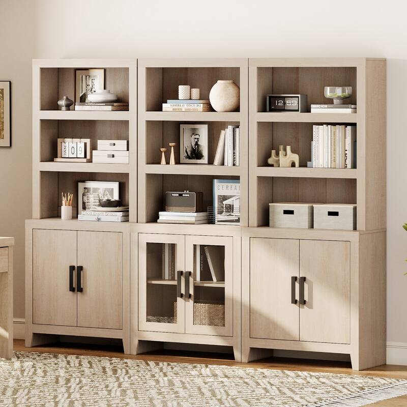 WAMPAT Tall Bookshelf with Doors, Farmhouse Bookcase with Open Shelves for Living Room & Home Office - Beige