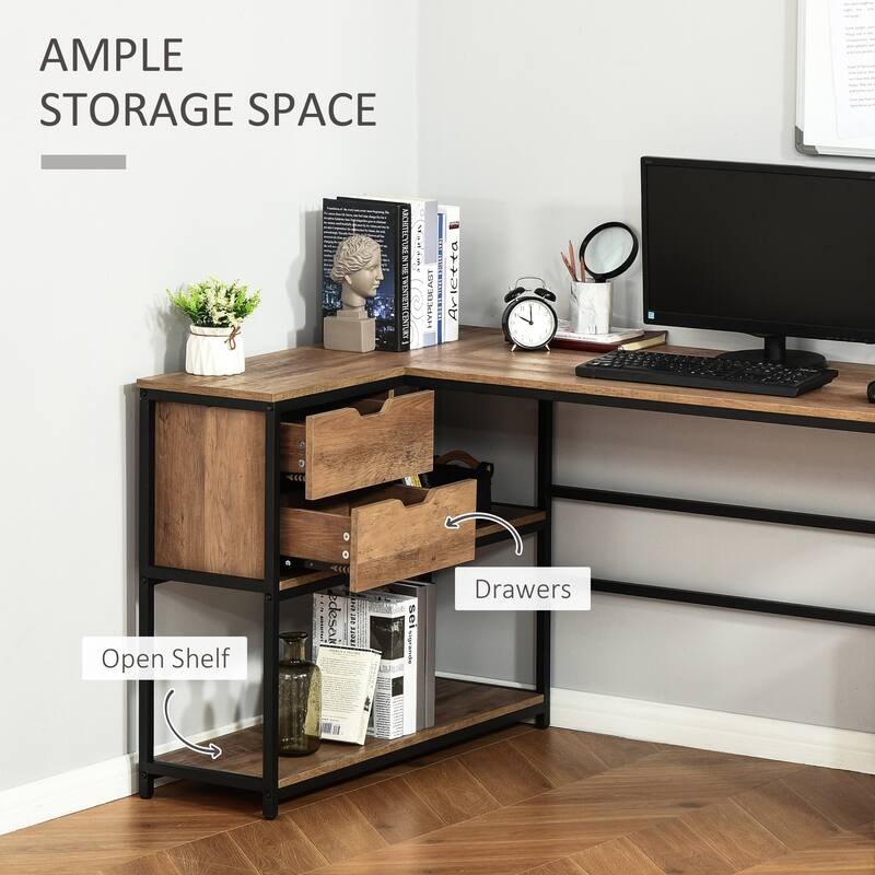 L-Shaped Home Offie Computer Desk with Storage Shelves, 2 Dawers and Industrial Steel Frame, Black/Brown