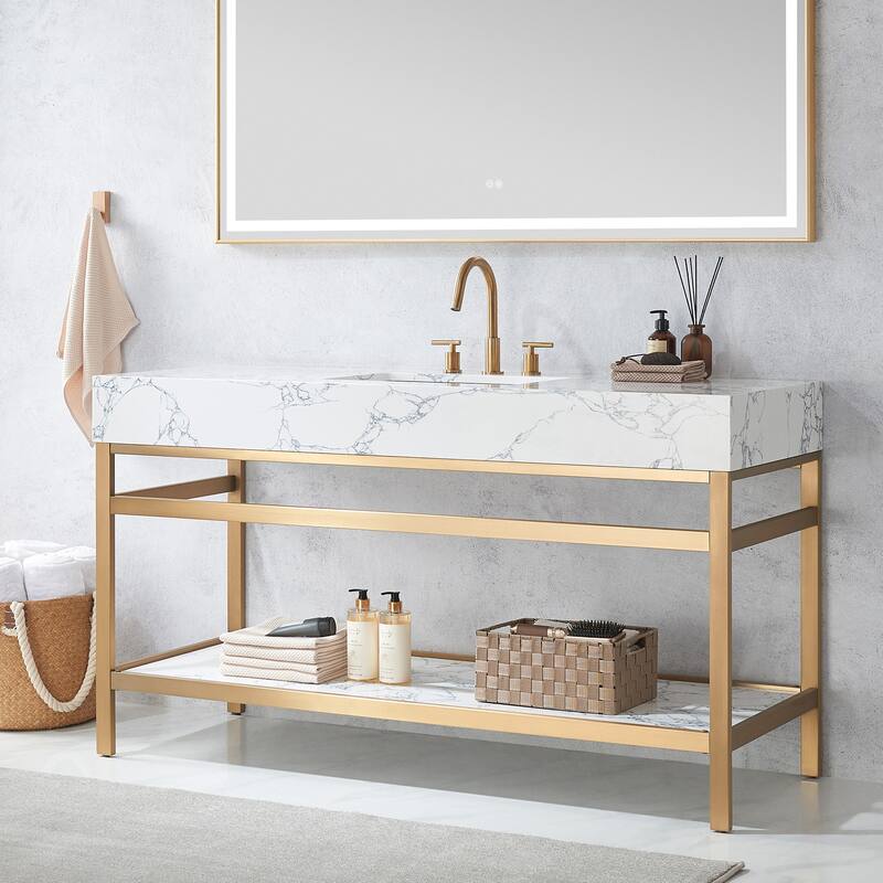 Ecija Bath Vanity, Metal Support with Composite Stone Top and Mirror