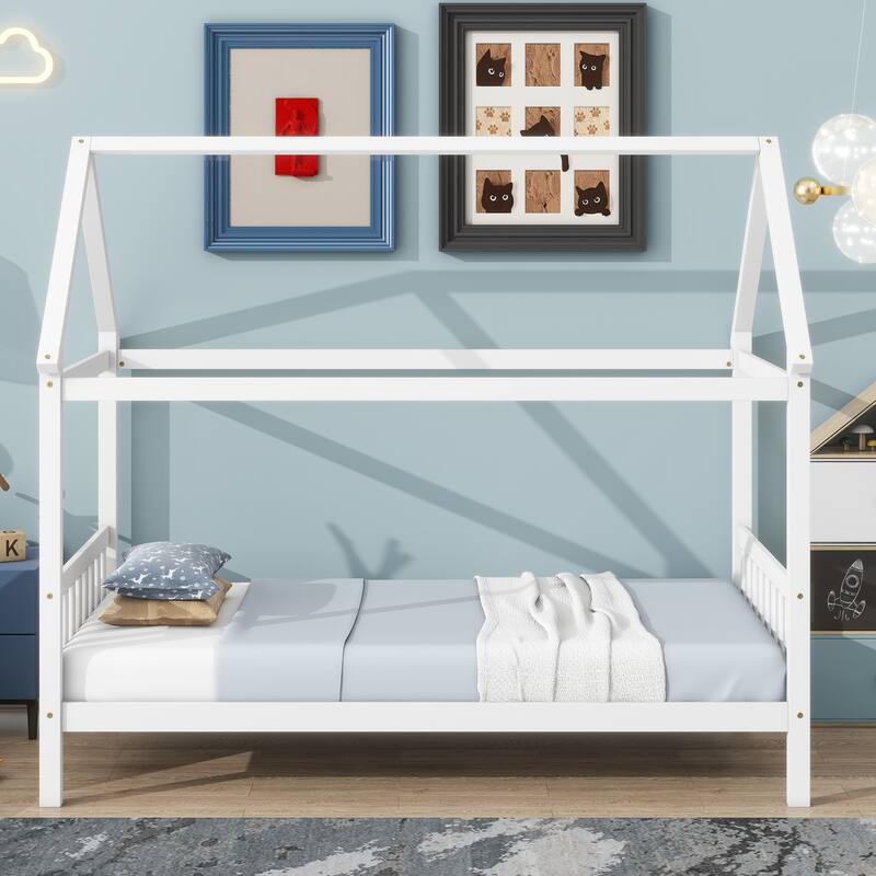 White Twin House Bed with Headboard and Footboard, Rubber Wood Frame