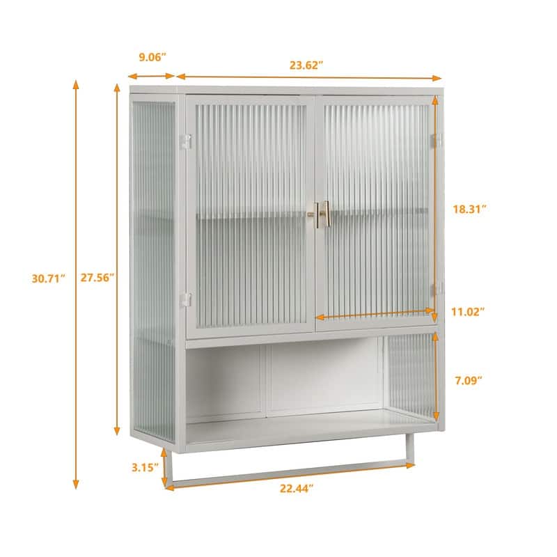 23.62" Modern Fluted Glass Wall Cabinet with Two Doors, Open Shelf & Towel Rack