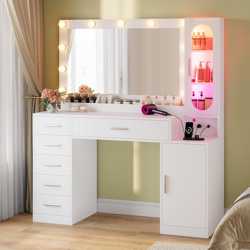 Makeup Vanity Desk Mirror LED Lights Charging Station RGB Lights Drawers Cabinet - Modern White