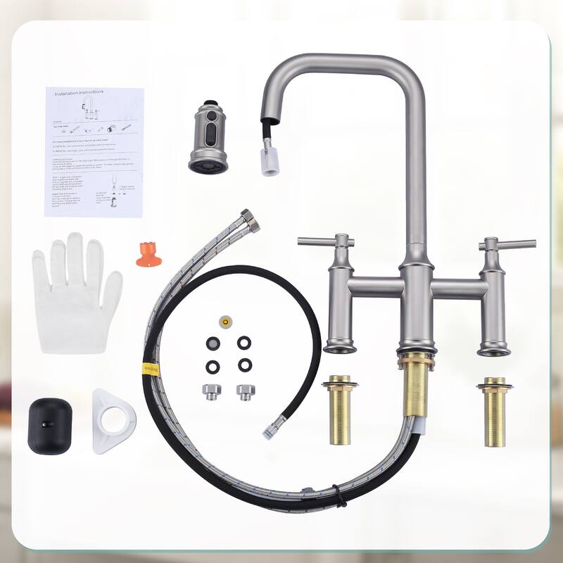 WOWOW Double Handle Bridge Kitchen Faucet with Advanced Spray