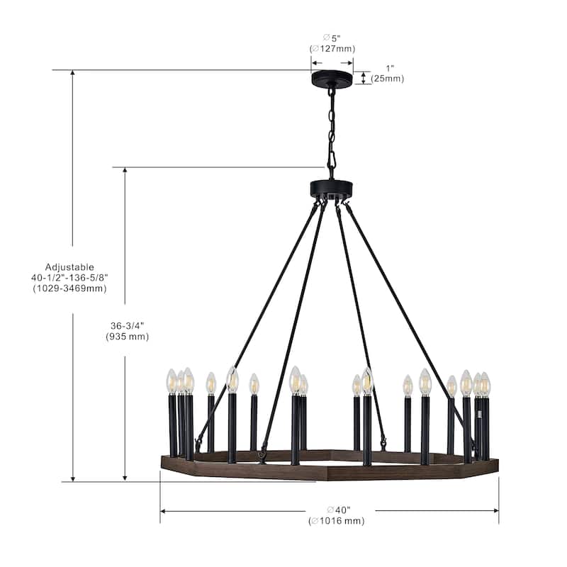 16 Light Wagon Wheel candle Chandelier in Black and Brown finish - 36.75"H x 40"W x 40"D - Black + Brown - 36.75"H x 40"W x 40"D