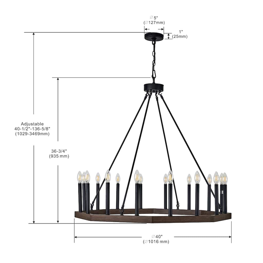 16 Light Wagon Wheel candle Chandelier in Black and Brown finish - 36.75"H x 40"W x 40"D