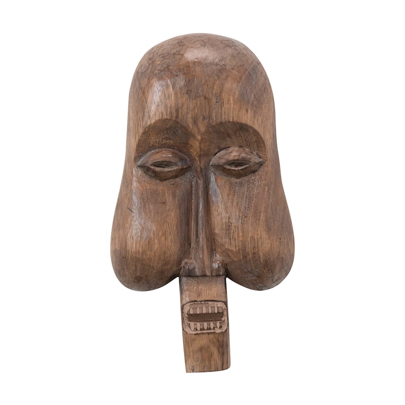 Hand-Carved Albasia Wood Mask Wall Décor - Brown