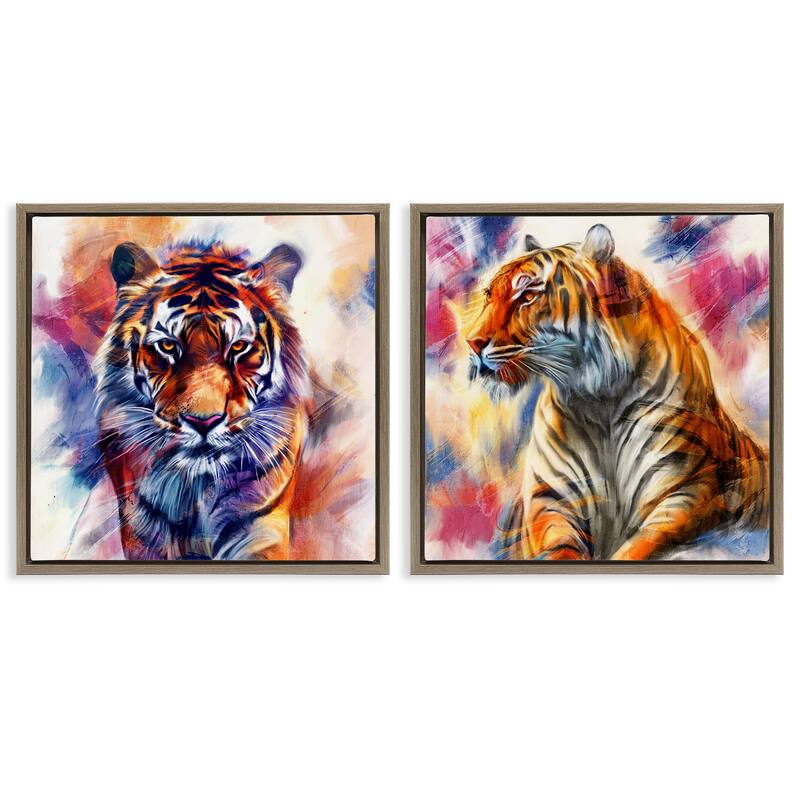 Stupell In The Wild Fierce Tiger Framed Floater Canvas Wall Art Design By Kim Allen (Set of 2) - 18 x 18 - Brown