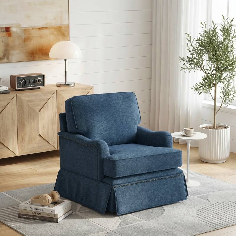 Modern Chenille Swivel Armchair and Storage Ottoman - Single Chair - Navy