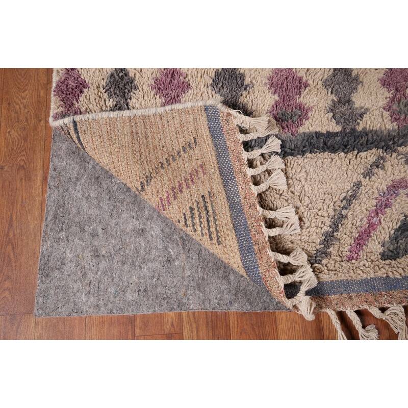 Geometric Plush Moroccan Area Rug Handmade Beige Wool Carpet - 6'9" x 10'4"