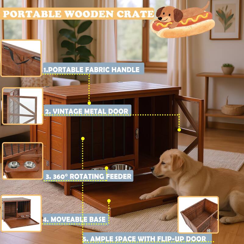 43" Solid Wood Dog Crate Furniture, Foldable Indoor Kennel with 360 Rotating Feeder for Small & Medium Dogs