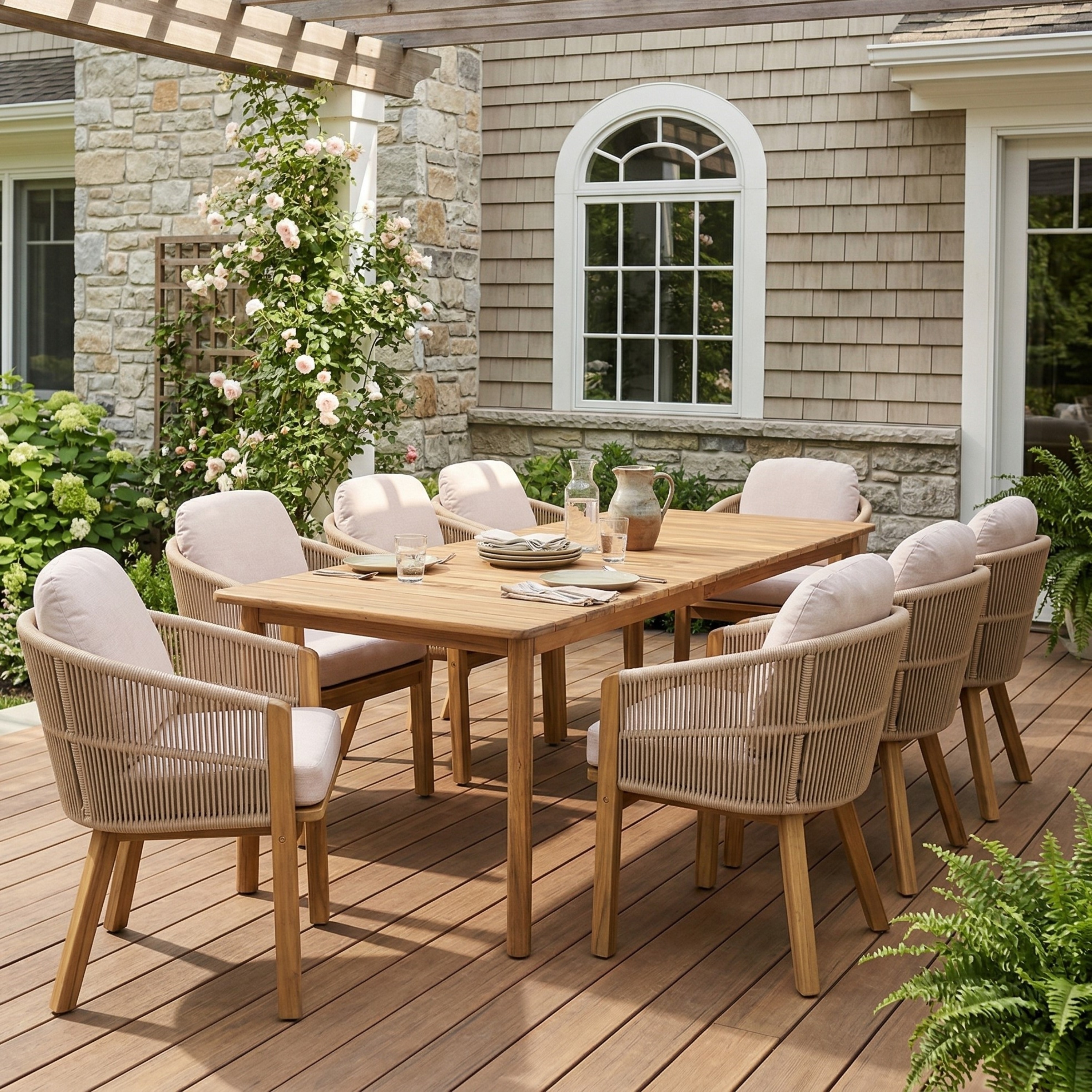 Christopher Knight Home - 9-Piece Teak Finish Wood Outdoor Dining Set with Rope Woven Chairs and Cushions