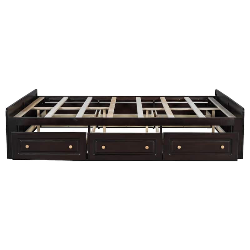 Open Frame Wooden Platform Bed Queen Size 6 Drawers